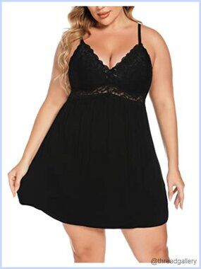 Plus Size Lace Modal Chemise Nightgown V-Neck Full Slip Babydoll Sleepwear